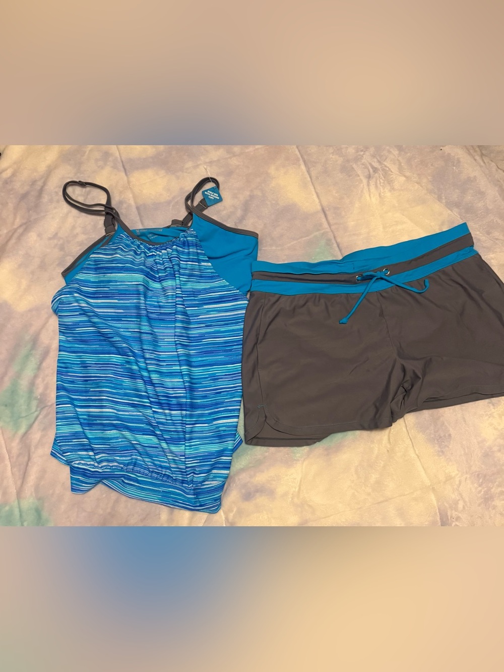 Free Country Blue Striped Swim Tankini with Charcoal Swim Shorts